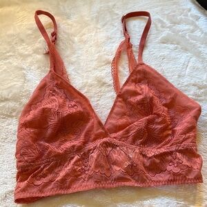Lace Bralette in Coral Pink with matching panties.